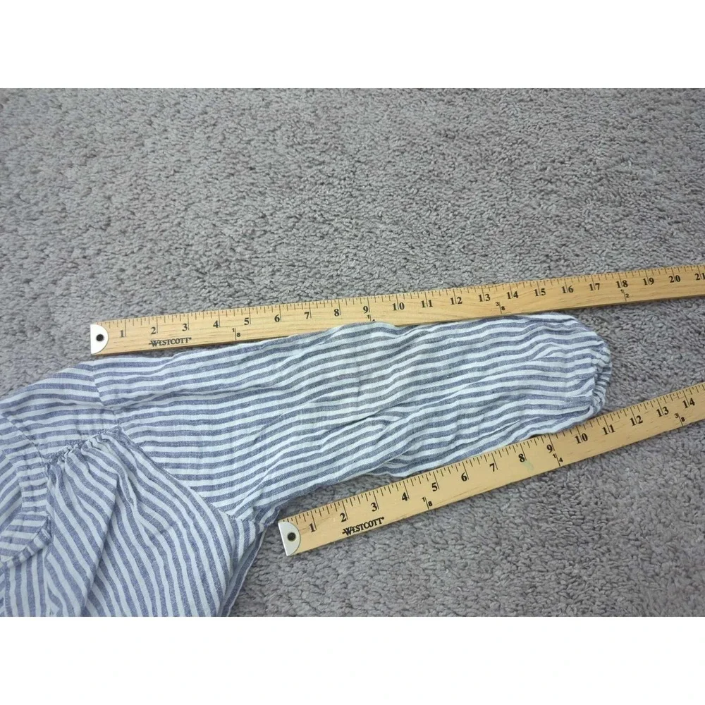 Sigrid‎ Olsen Shirt Womens XS Blue Vertical Stripes 3/4Sleeve Split V-Neck Linen